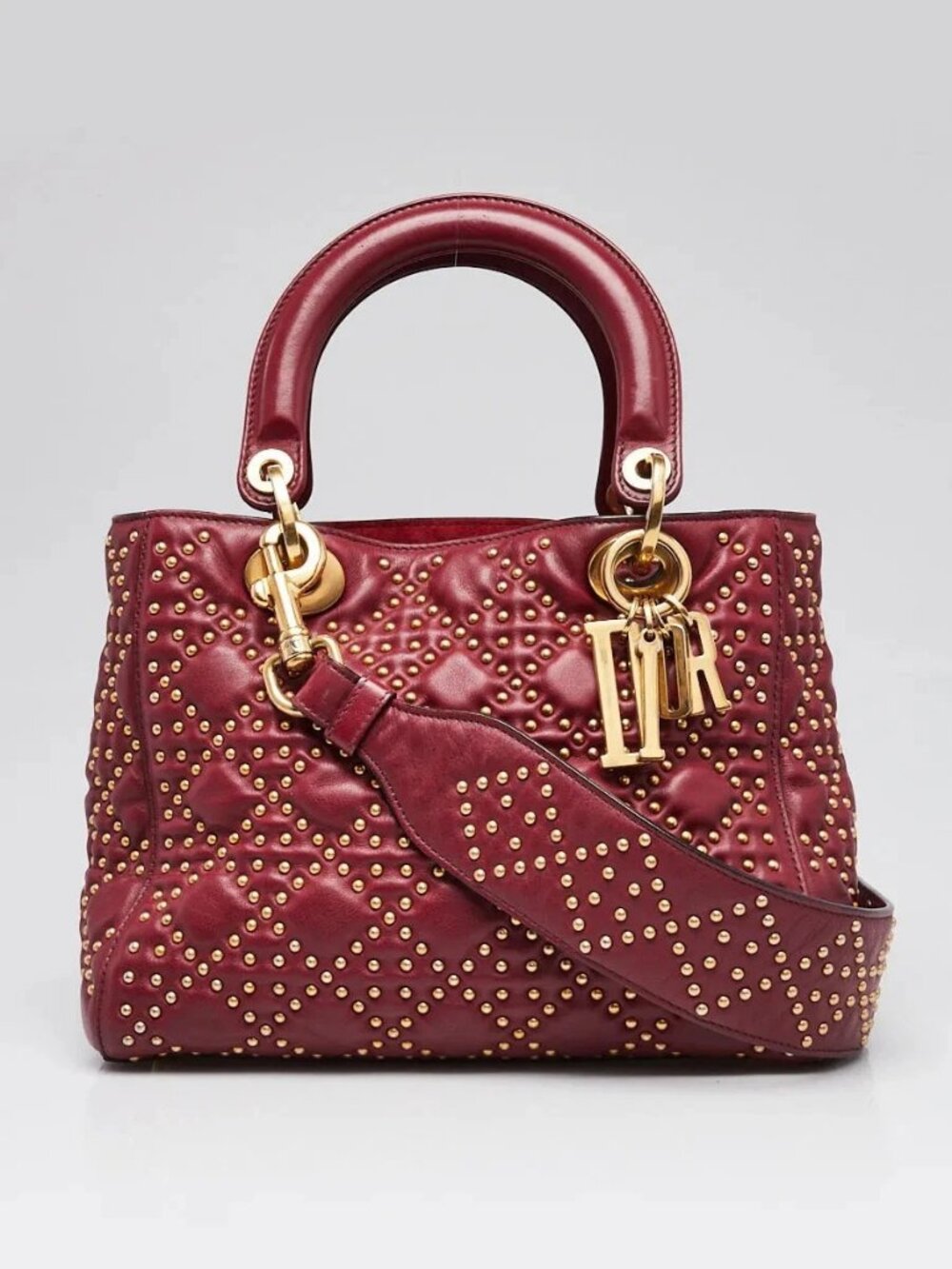 Christian Dior Dark Red Suppled Leather Studded Medium Lady Dior Bag